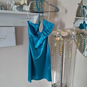 Bear Dance Teal Satin Slip Dress